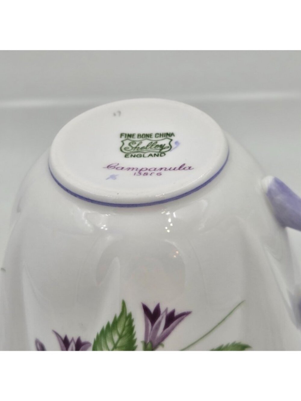 Shelley Campanula Dainty Flat Cup and Saucer Set Purple Flowers Bone China - Picture 8 of 12